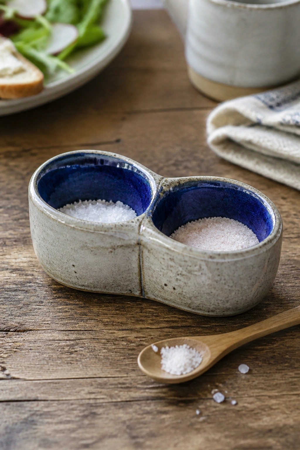 A handmade ceramic double bowl dish holding white and pink salt on a wooden table with a spoon nearby.