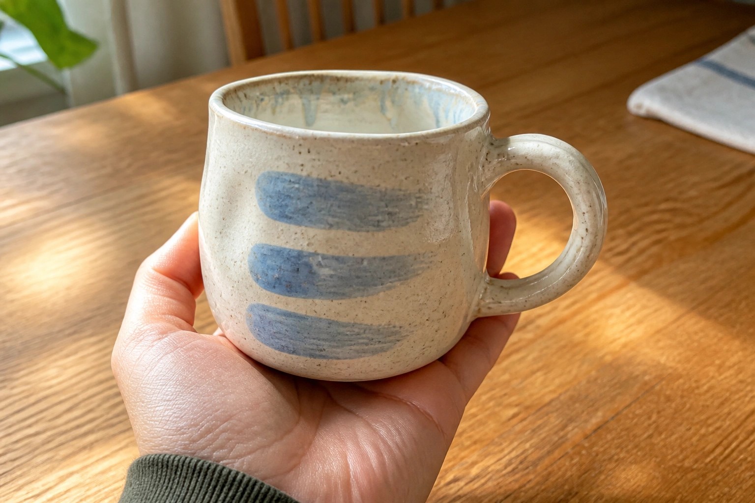Hand holding speckled ceramic mug with blue brushstrokes on wooden table