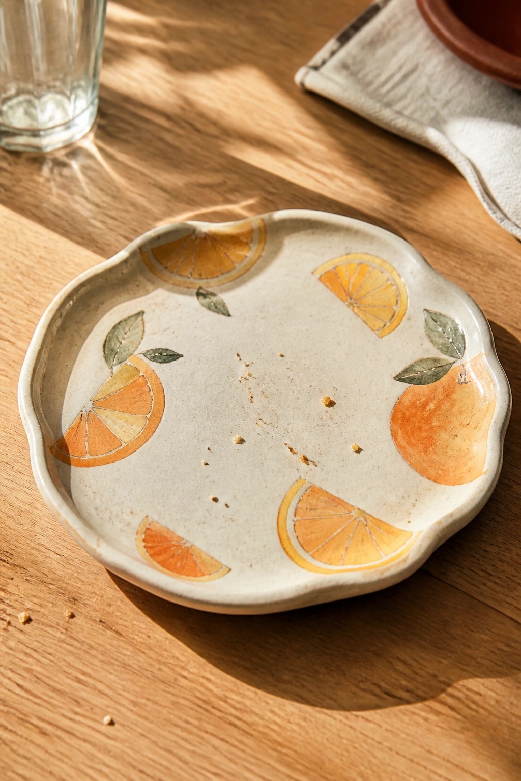 Ceramic plate with painted orange slices, fruits, and leaves on wooden table
