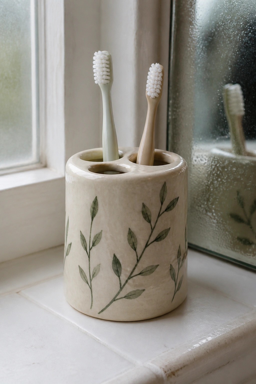 Two toothbrushes in a leaf-patterned ceramic holder on a white tiled windowsill