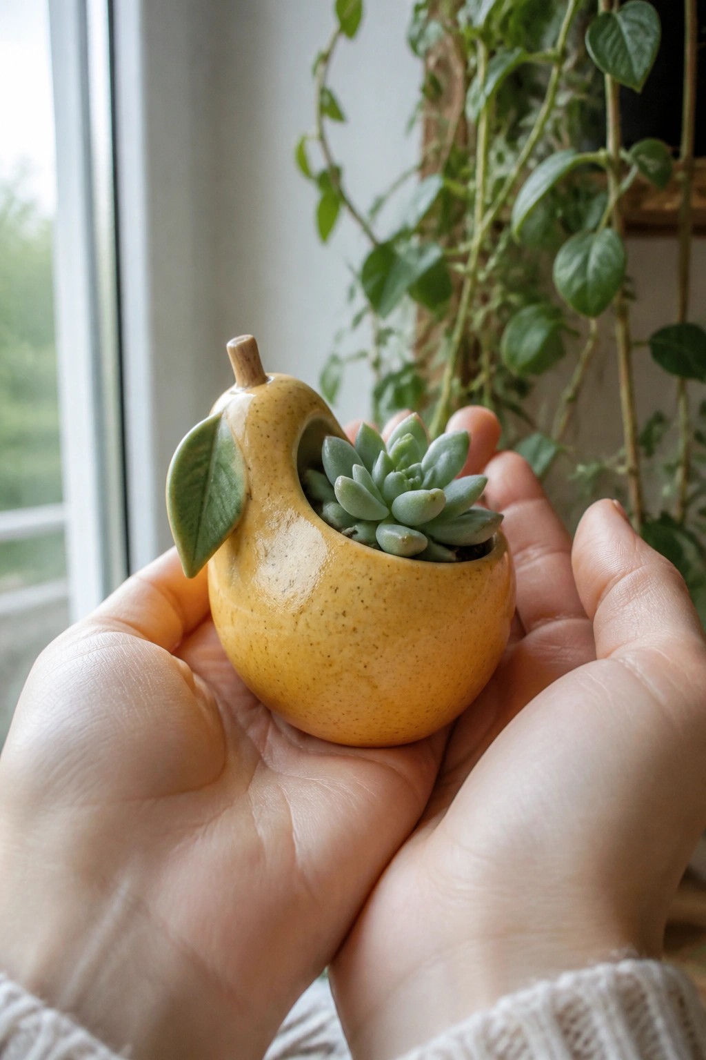 Hands holding yellow pear-shaped ceramic pot with small green succulent inside.