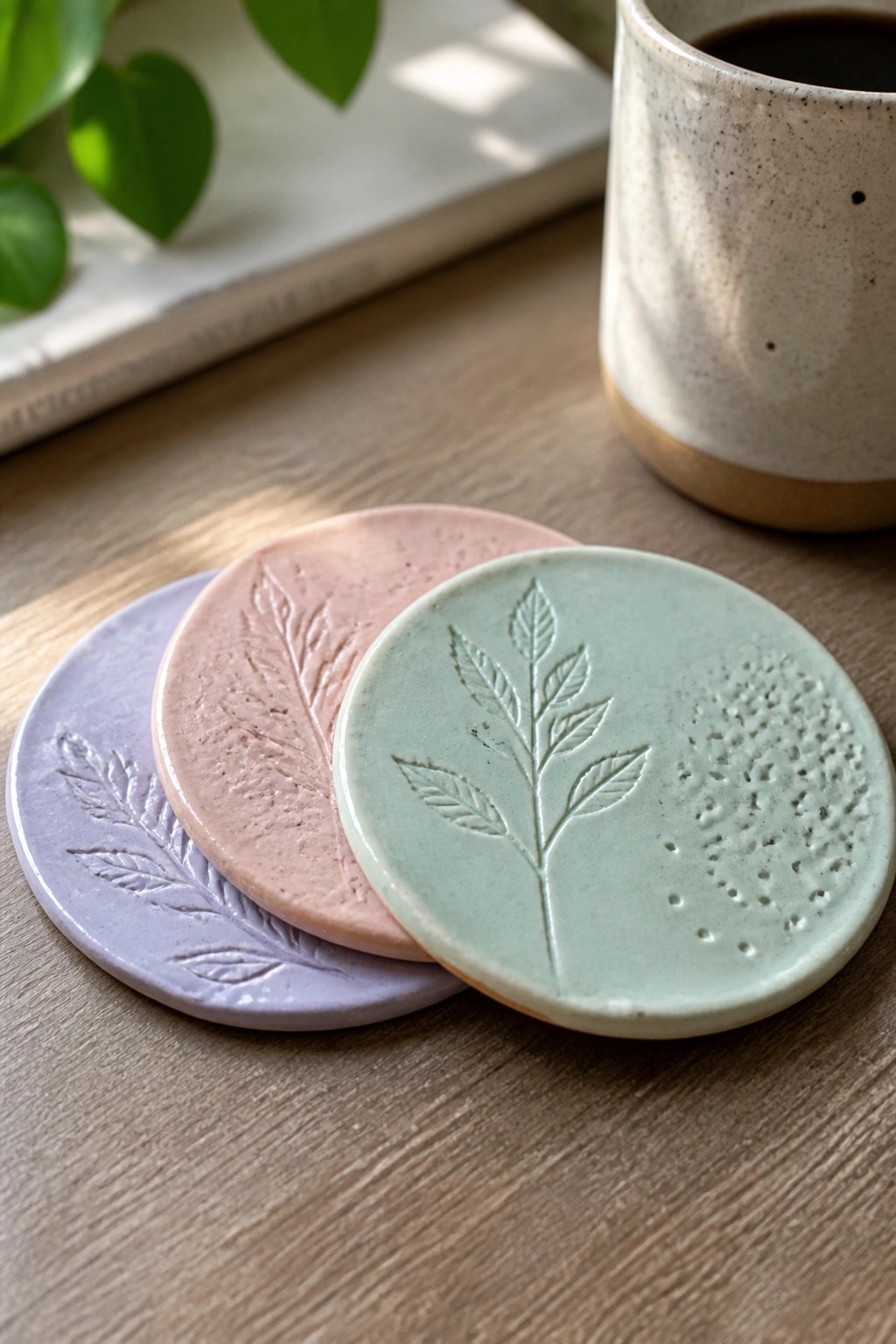 Three pastel ceramic coasters with leaf imprints beside a speckled mug on wood.