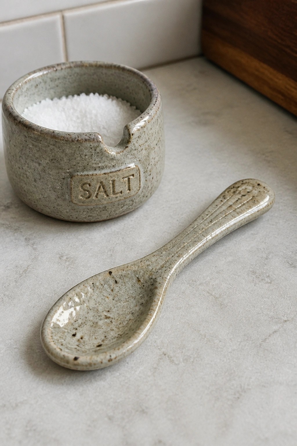 Speckled ceramic salt cellar with SALT label and matching spoon on marble