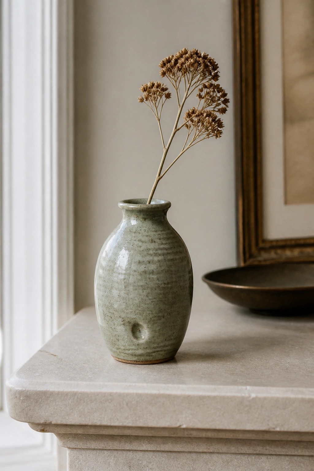 Pale green speckled vase with dried flowers on marble surface beside dark bowl