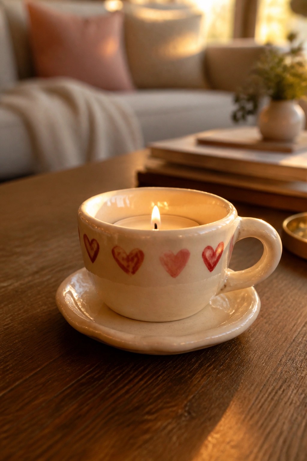 A lit candle sits inside a white ceramic cup decorated with red hearts on a wooden table.