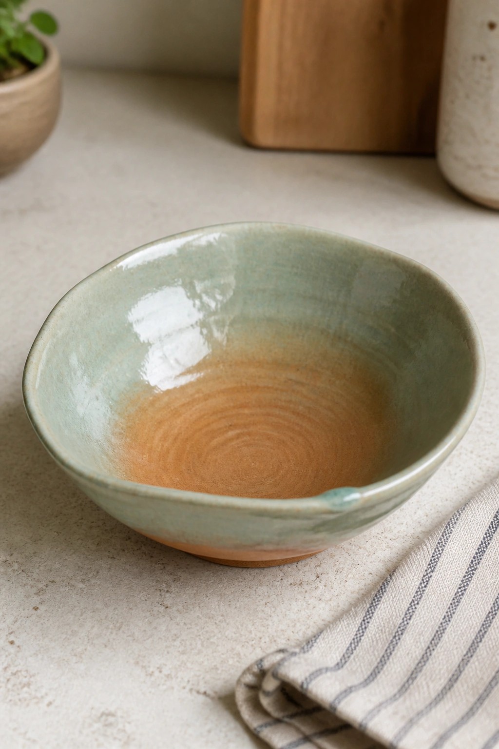 Green glazed ceramic bowl with orange-brown spiral interior beside striped cloth