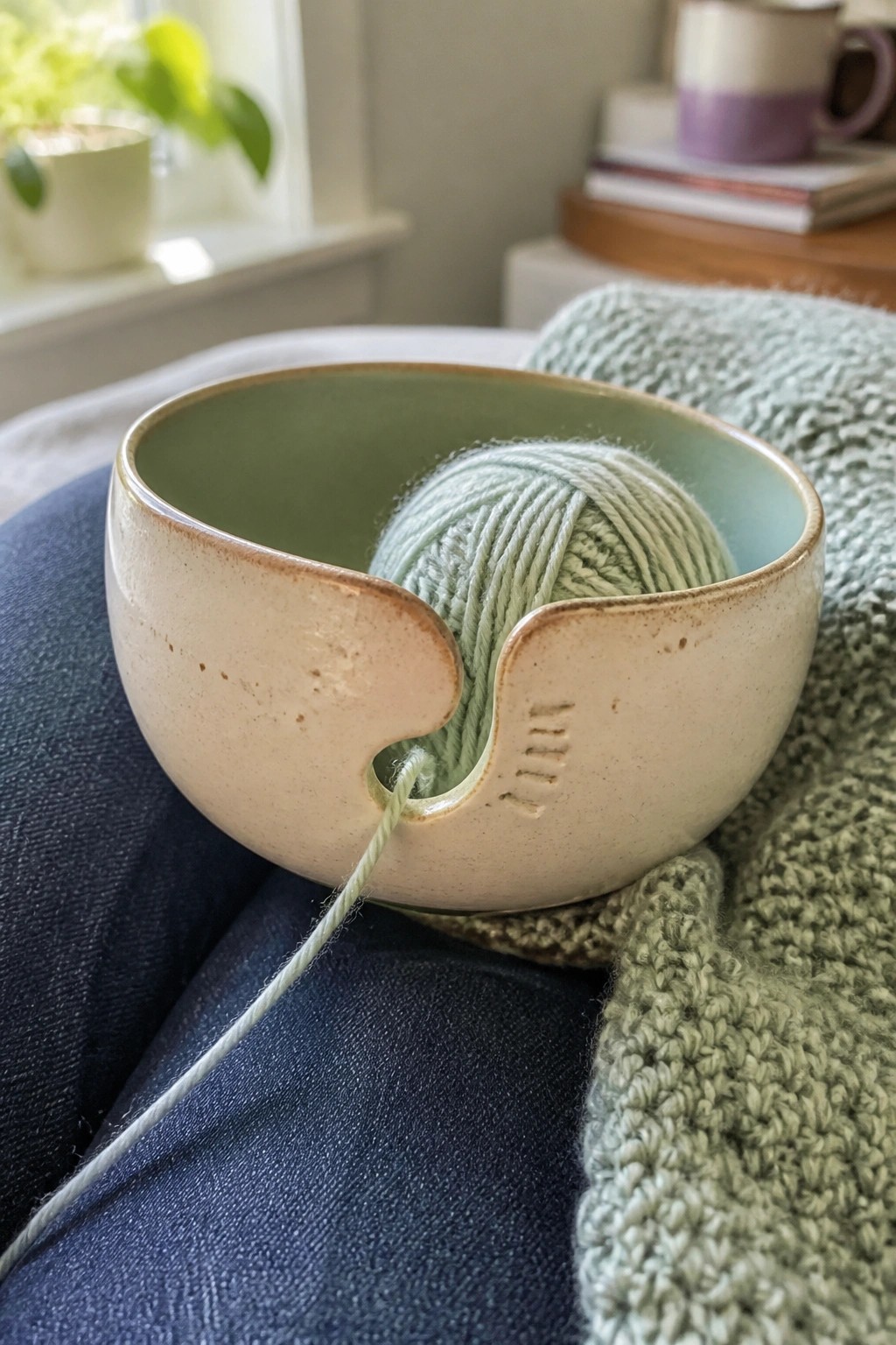 Ceramic yarn bowl with light green yarn on blue denim lap beside knitting