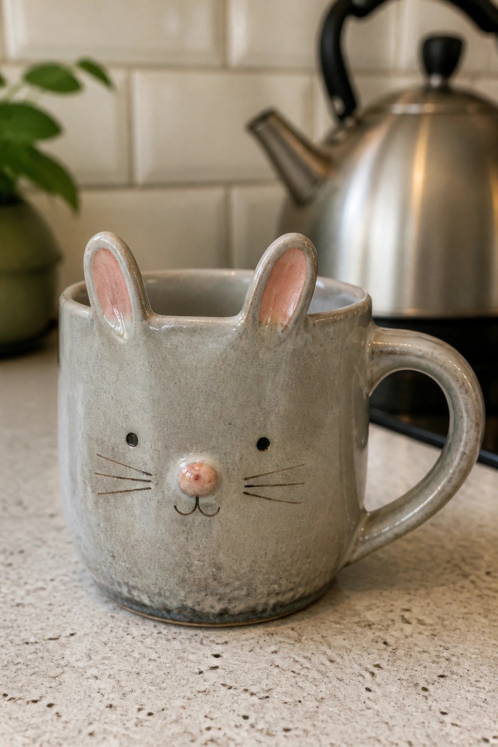 Gray ceramic bunny mug with pink ears on speckled kitchen countertop near kettle