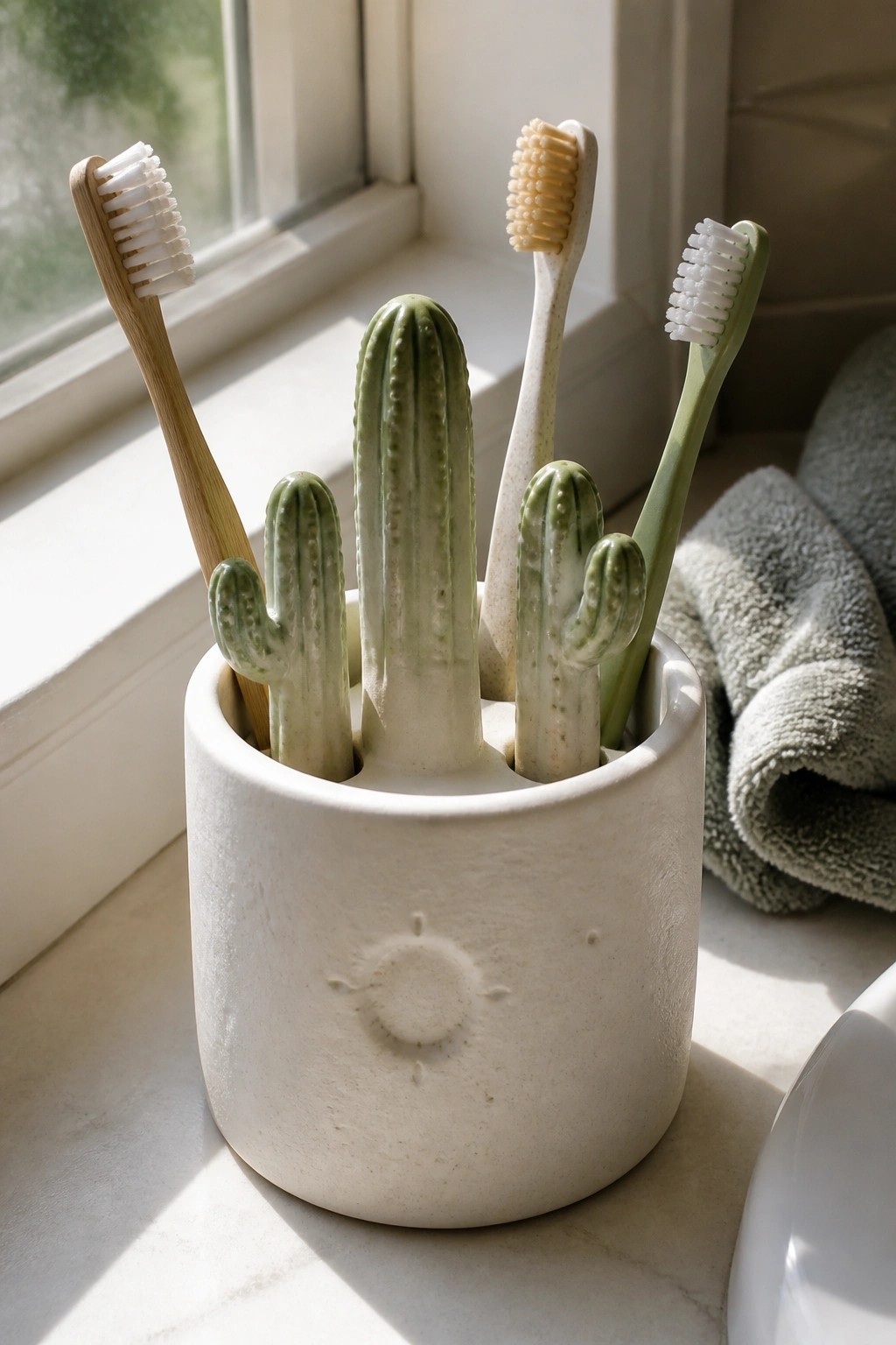 Ceramic cactus toothbrush holder with four brushes on sunlit marble windowsill beside gray towel