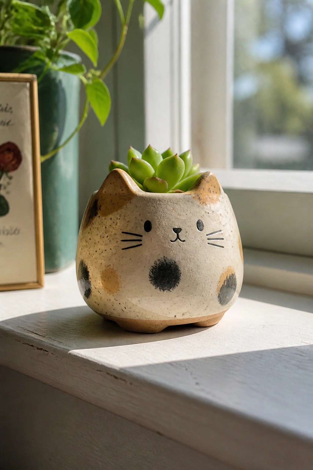 A small ceramic cat-shaped planter with painted face and spots holding a green succulent on a windowsill.