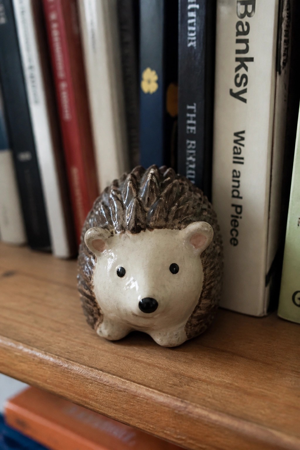 Ceramic hedgehog figurine with spiky brown back on wooden bookshelf