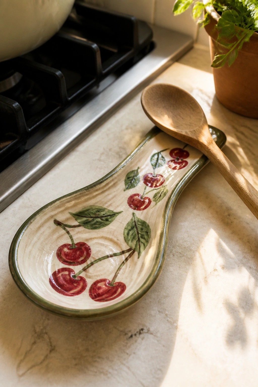 A ceramic spoon rest painted with red cherries holds a wooden spoon on a marble kitchen counter.