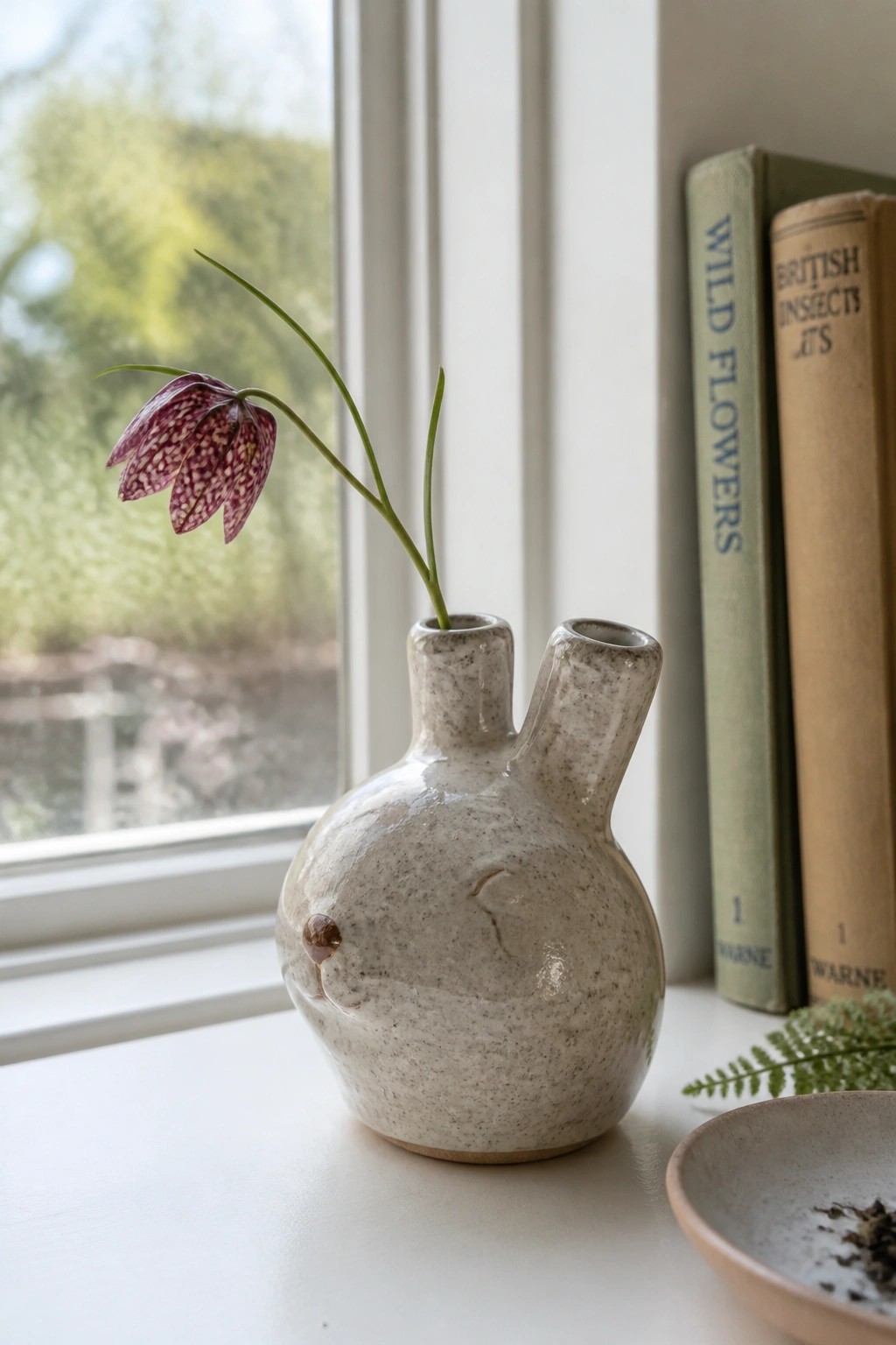 Speckled ceramic vase with purple flower on windowsill beside vintage books