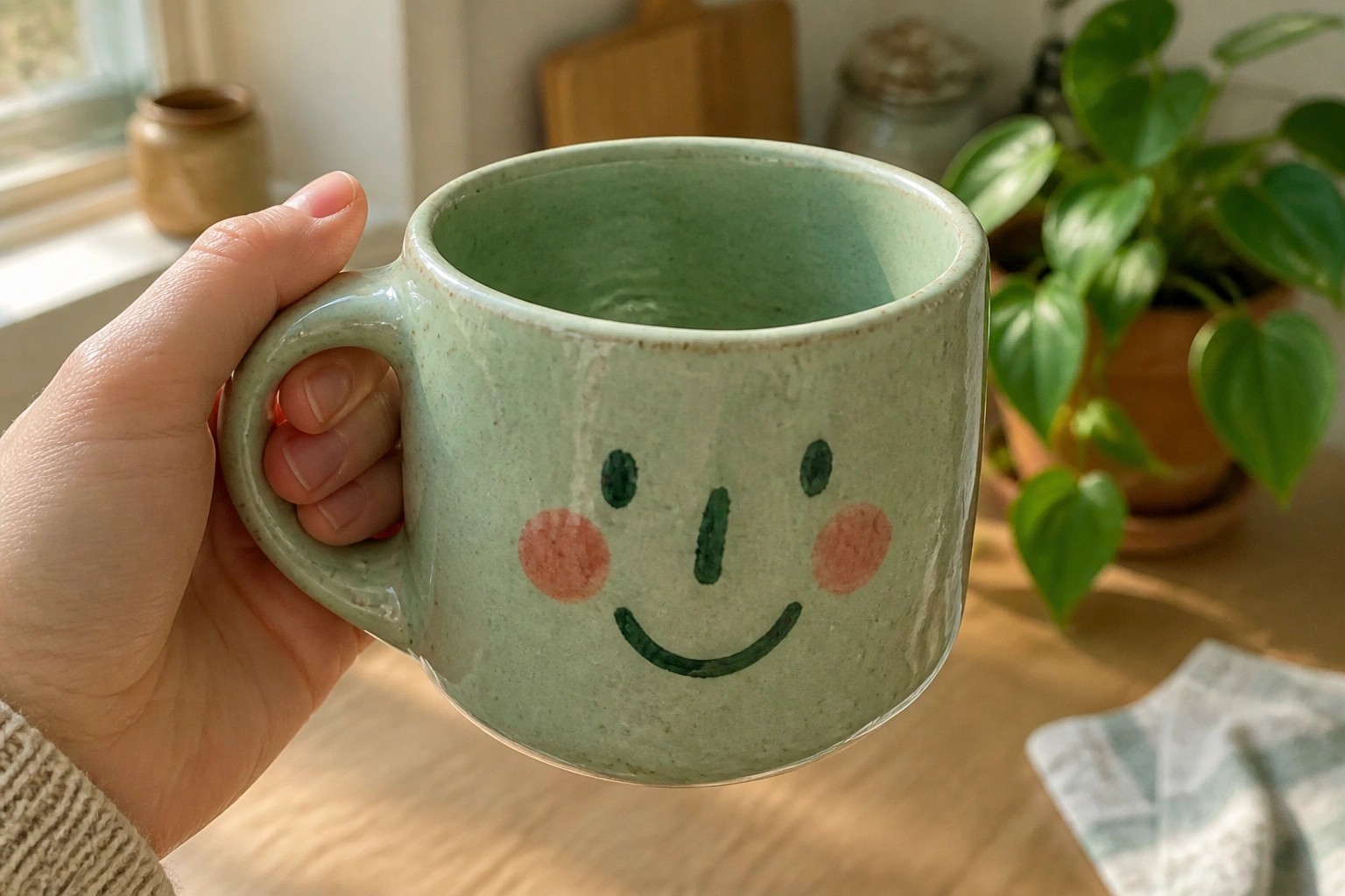 A hand holds a light green ceramic mug with a blue painted smiley face.