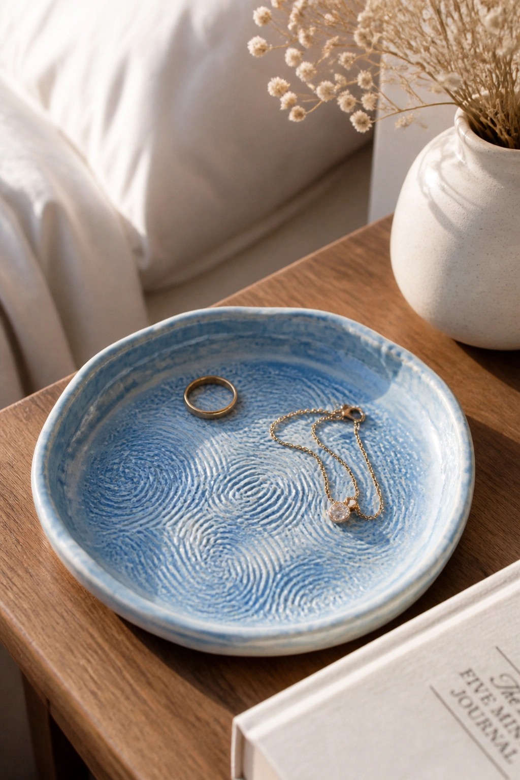Blue patterned bowl holds gold ring and necklace on wooden table with vase