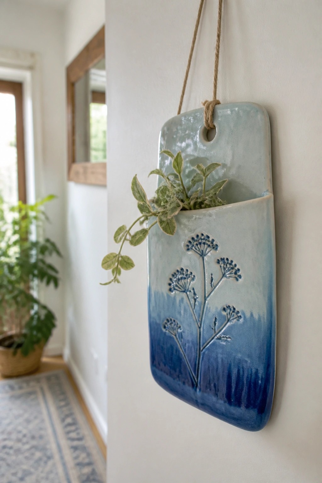 Blue ceramic wall pocket with embossed botanicals holding a small plant on white wall