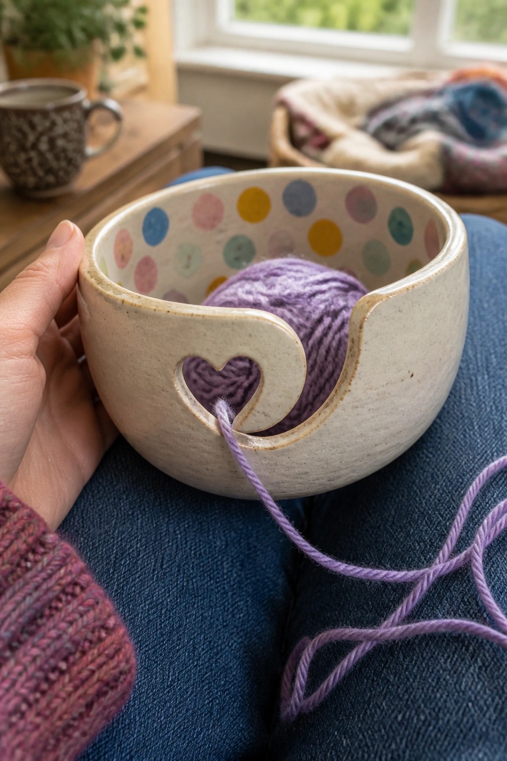 A ceramic bowl with colorful interior dots holds purple yarn that feeds through a heart cutout on the side.
