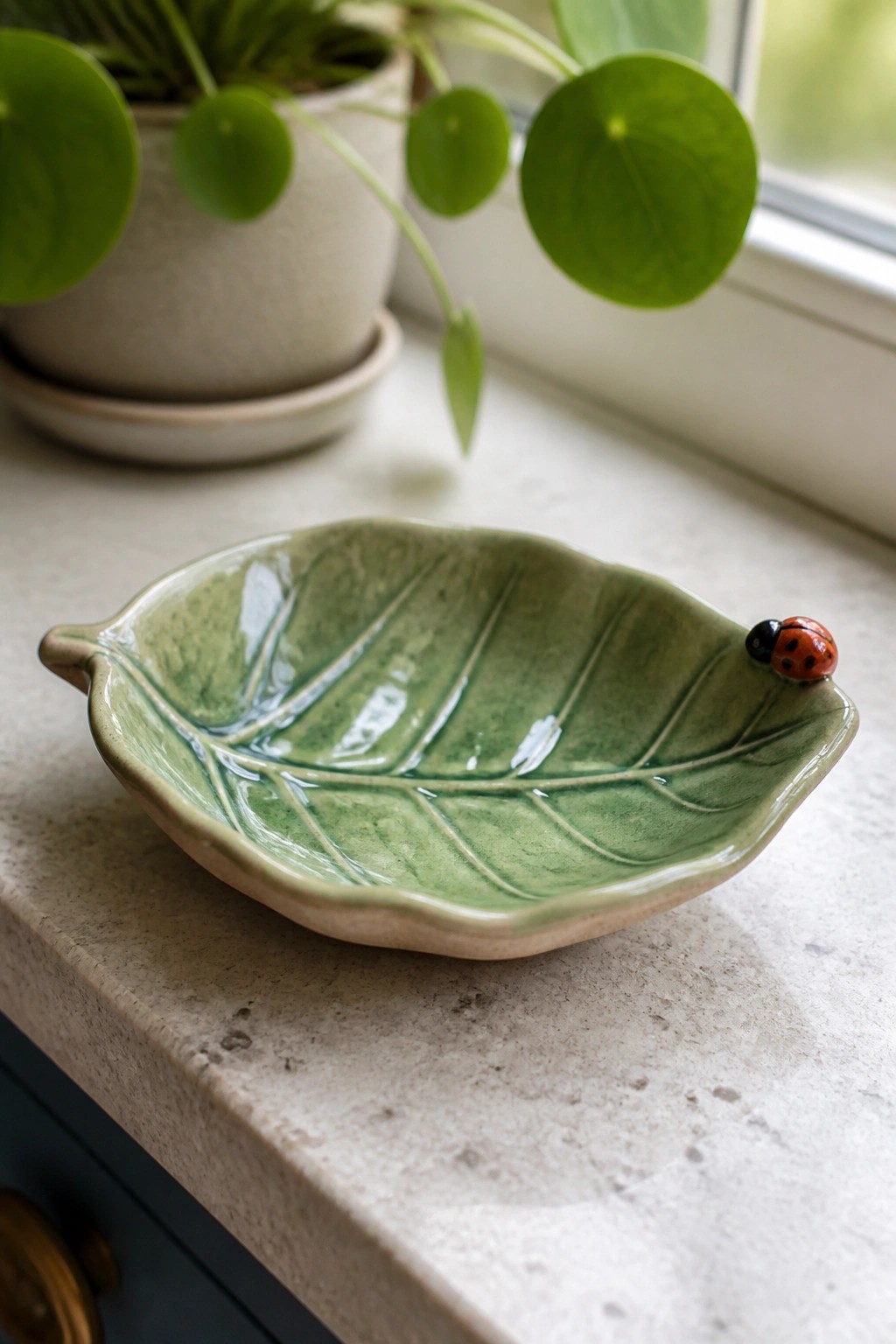 Green ceramic leaf bowl with ladybug on windowsill beside potted plants