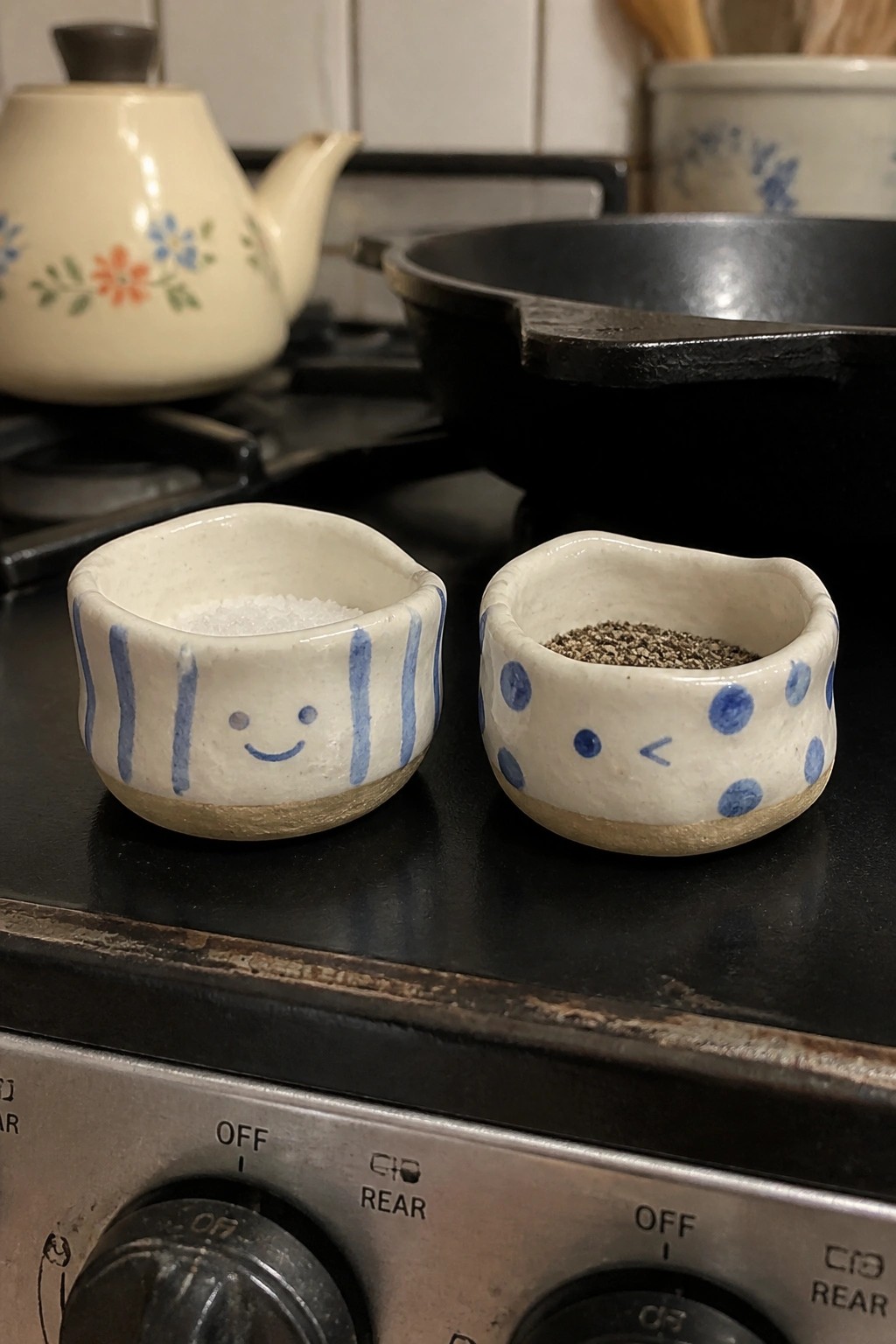 Two face-painted ceramic bowls with salt and pepper on black stovetop