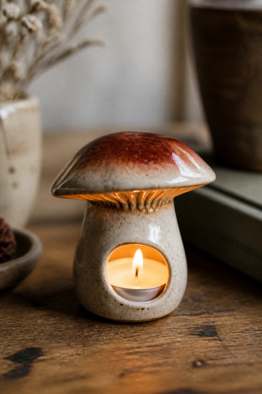 A ceramic mushroom-shaped holder with a lit tea light candle inside sits on a wooden surface.