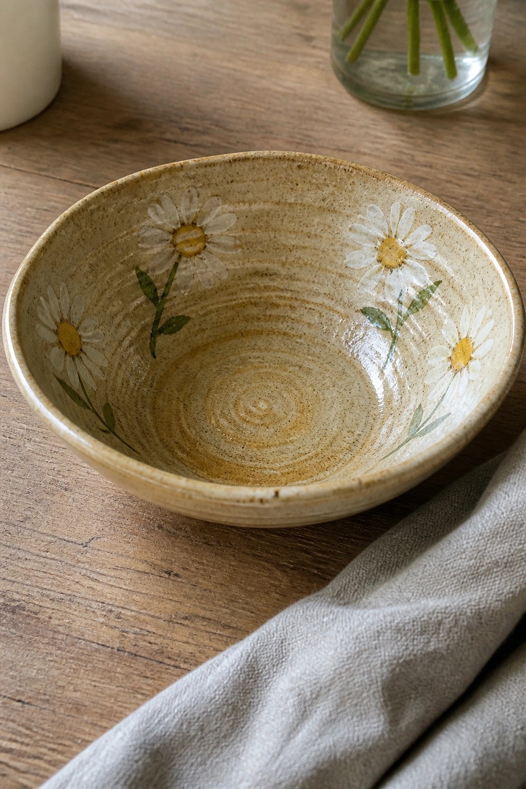 Ceramic bowl with painted daisies on wooden table beside linen cloth