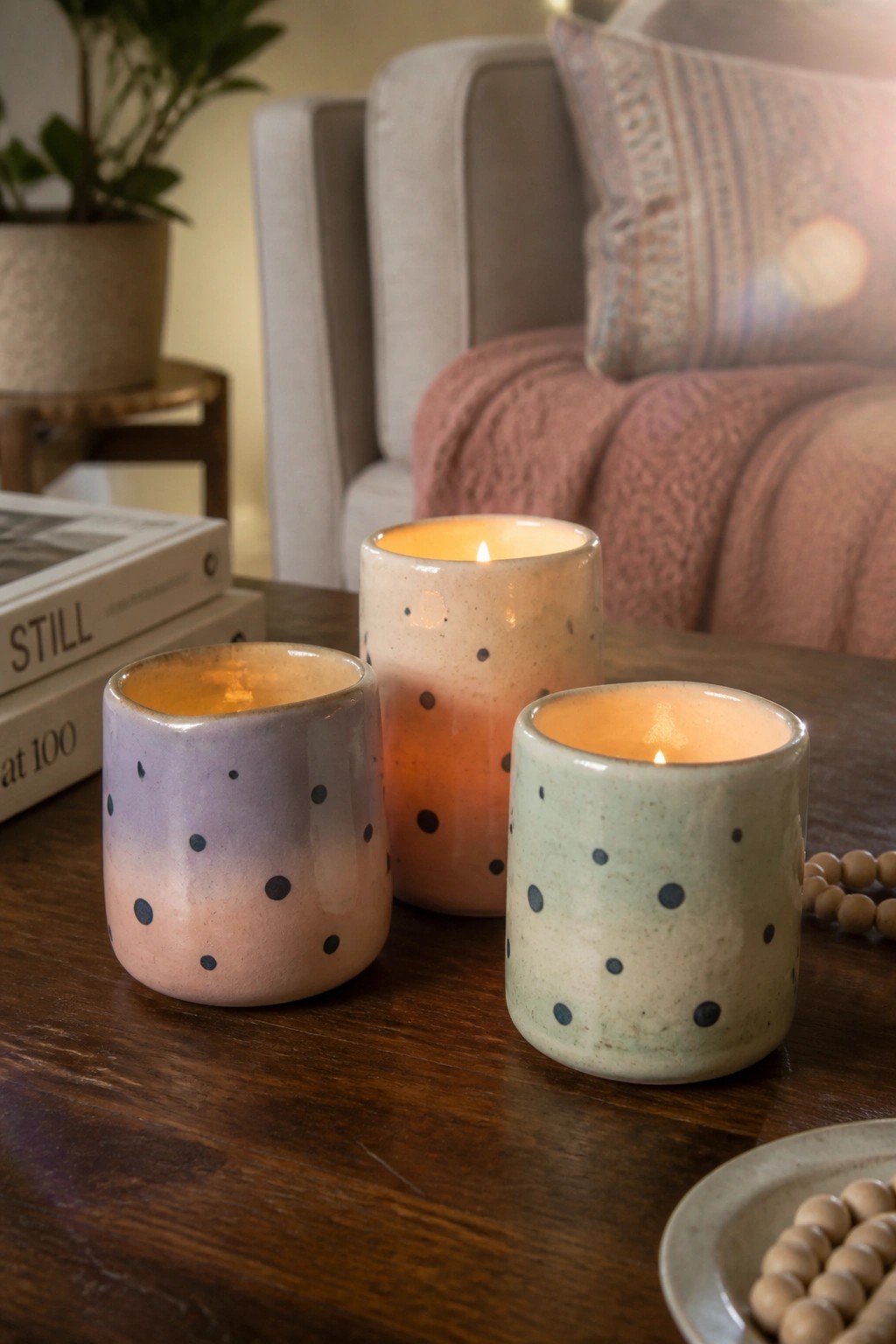 Three lit polka-dotted candles in colorful ceramic holders on wooden table