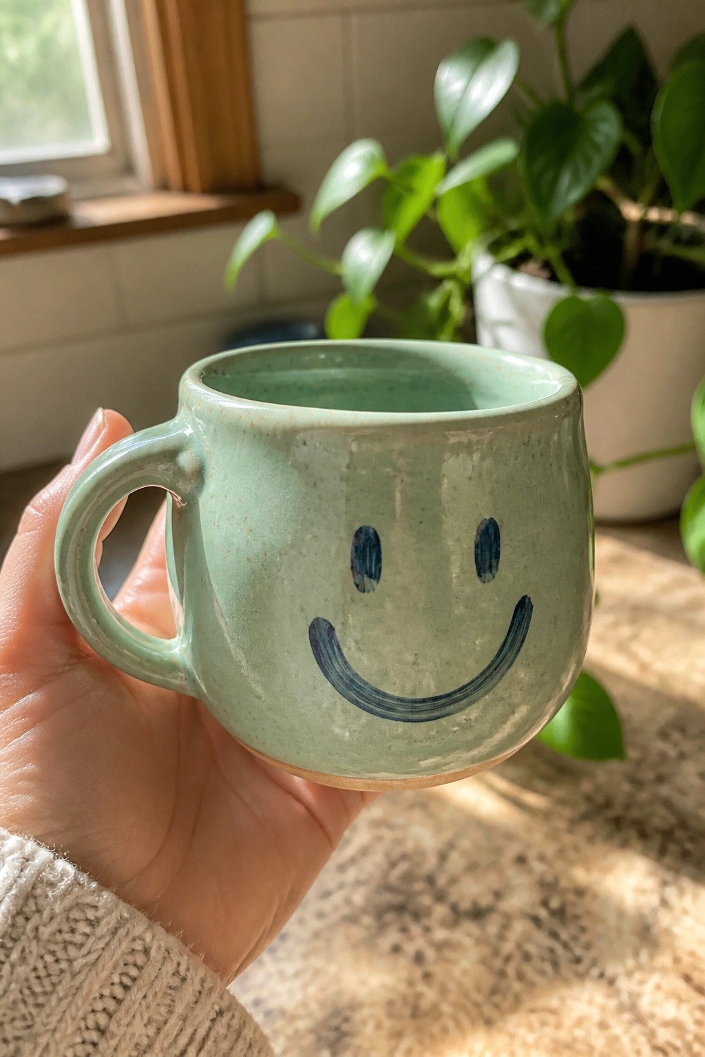 A hand holds a light green ceramic mug with a blue painted smiley face.