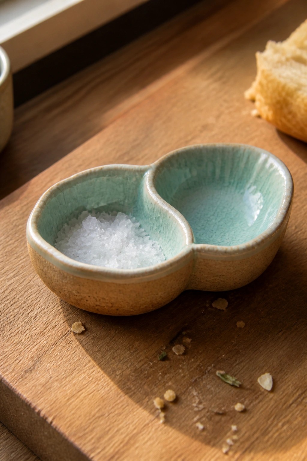 Ceramic double bowl with salt on wooden board beside bread crumbs