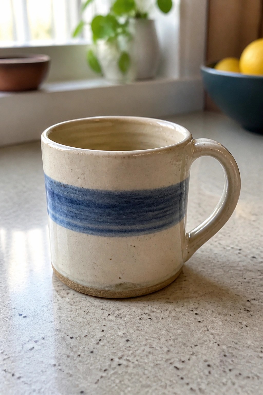 A small ceramic mug with a cream body and one blue stripe around the middle rests on a speckled countertop.