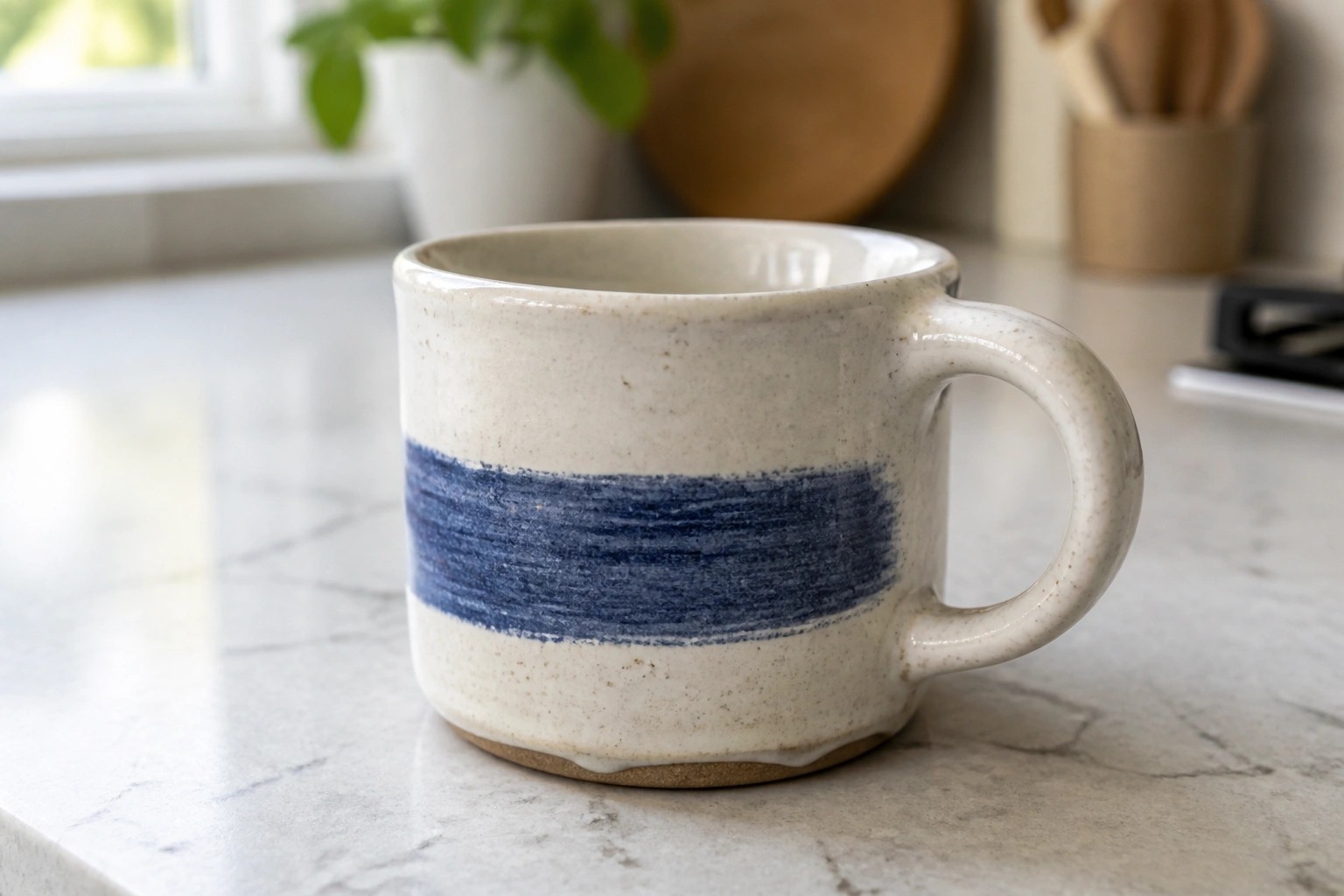 A small ceramic mug with a cream body and one blue stripe around the middle rests on a speckled countertop.