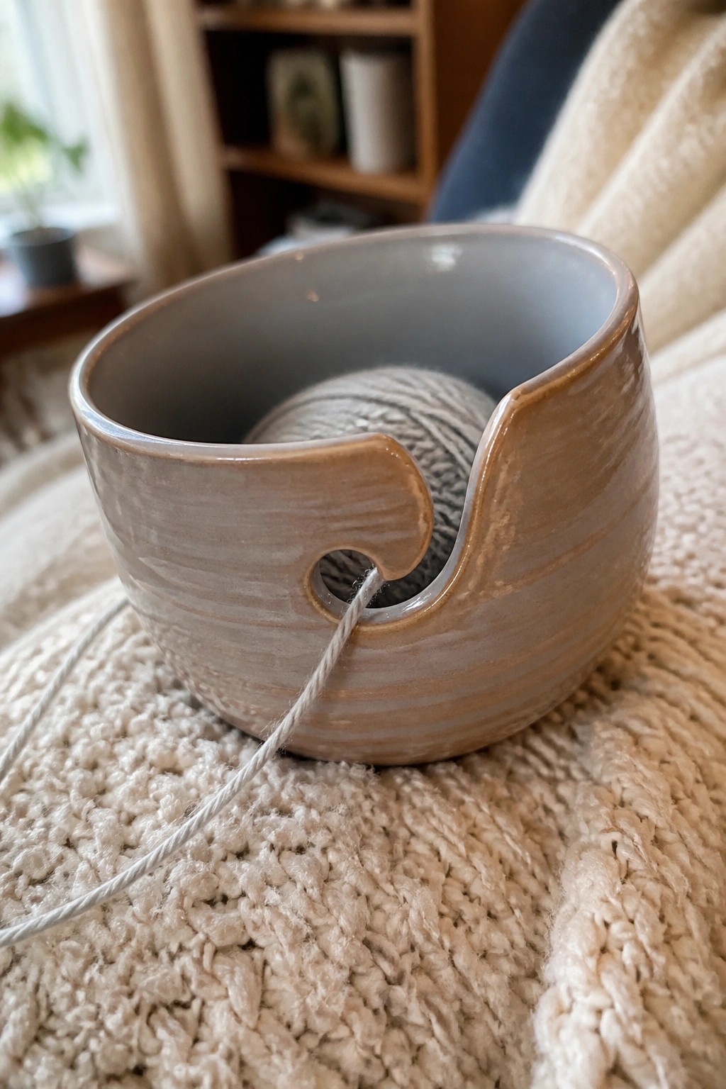 Ceramic yarn bowl with gray ball and strand on knitted blanket