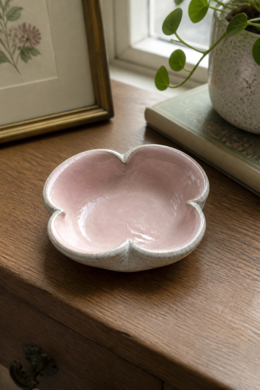 Pink flower-shaped ceramic bowl on wooden table beside plant and book