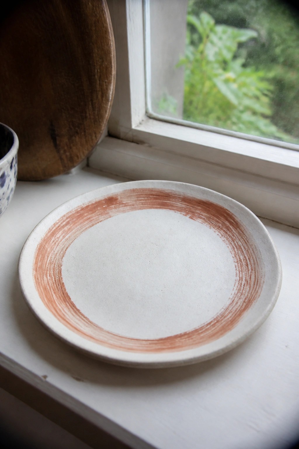 A white ceramic plate with a wide reddish-brown brushed rim rests on a white windowsill.