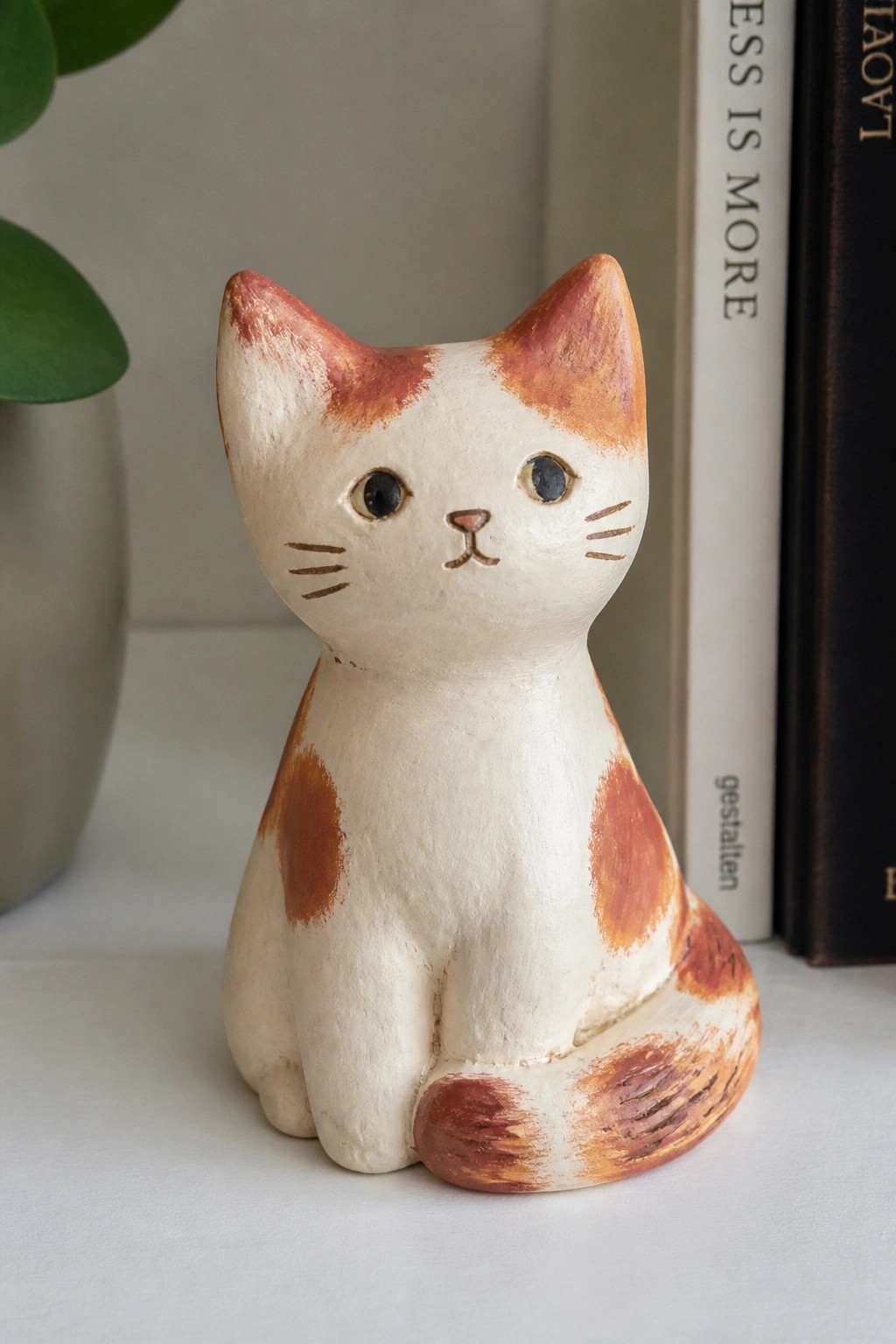 A small white ceramic cat figurine with brown-orange patches and painted facial details sits on a white surface next to books and a plant pot.