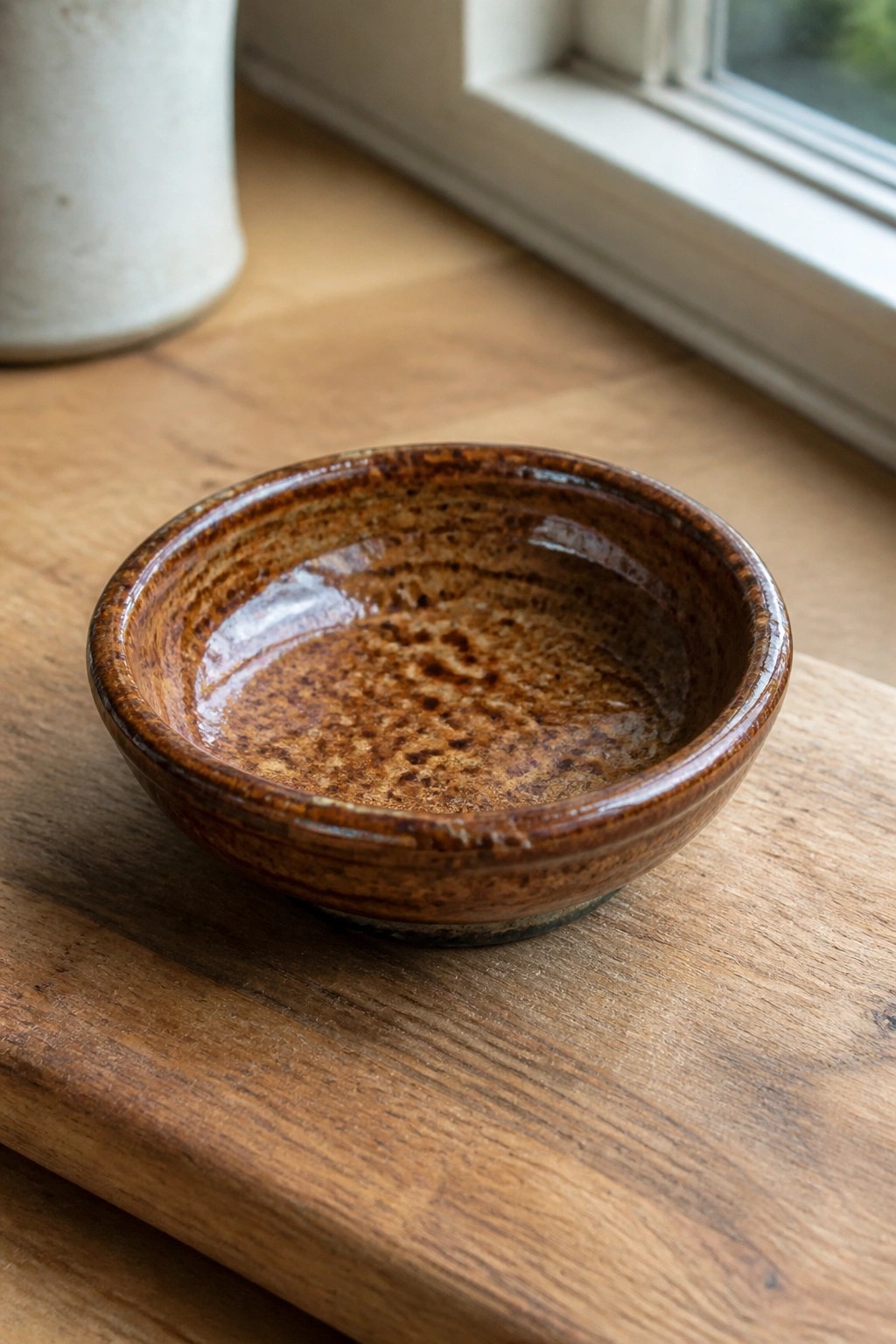 Small brown speckled ceramic bowl on wooden table near window.