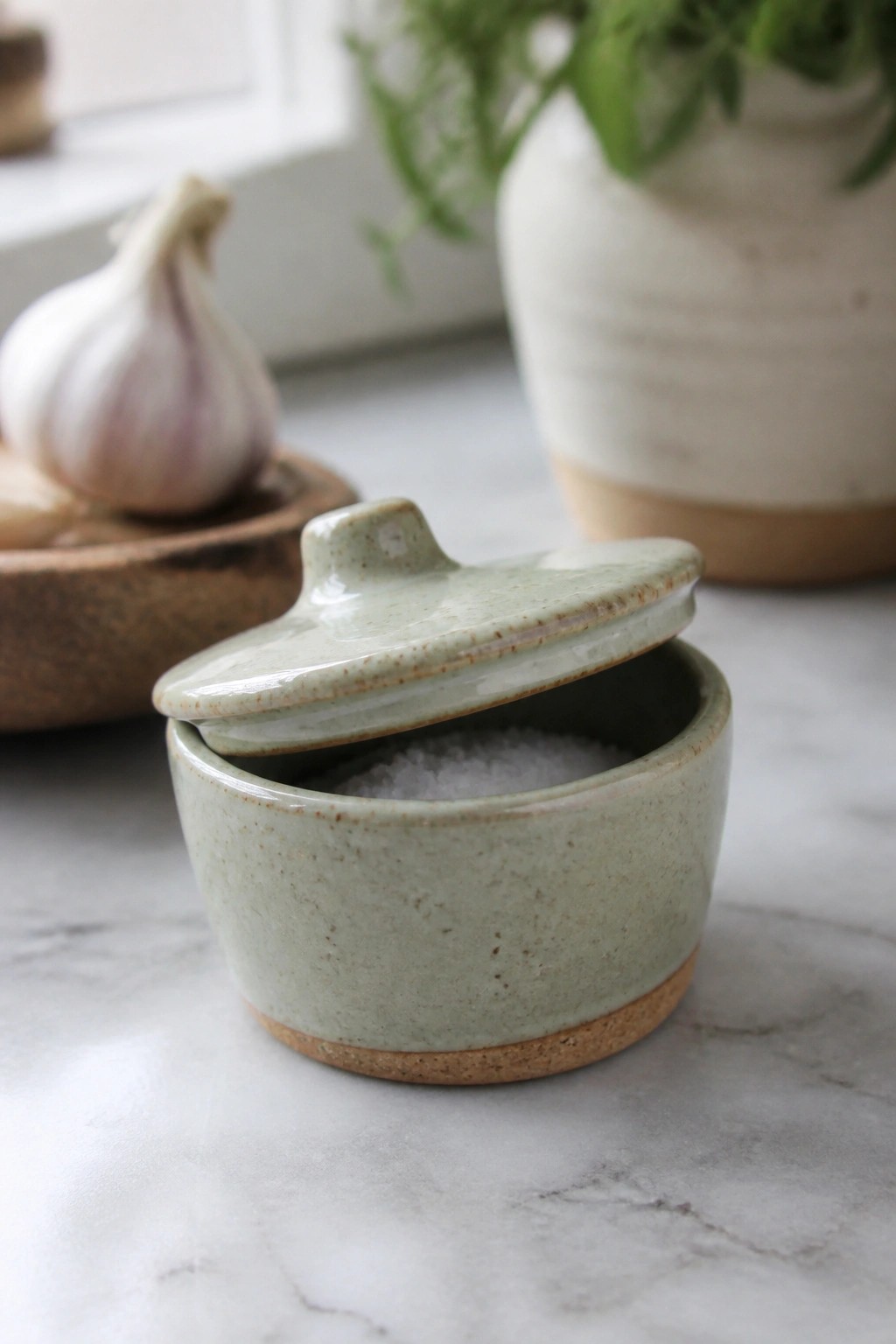 Speckled green ceramic bowl with tilted lid holding salt on marble counter