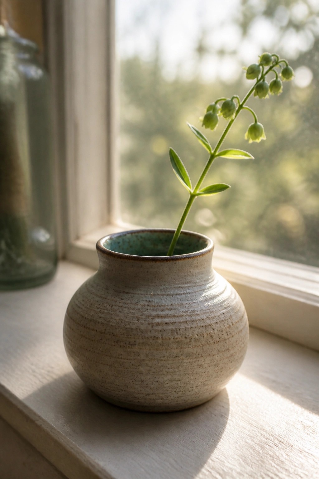 Speckled ceramic vase with budding green stem on sunlit windowsill.