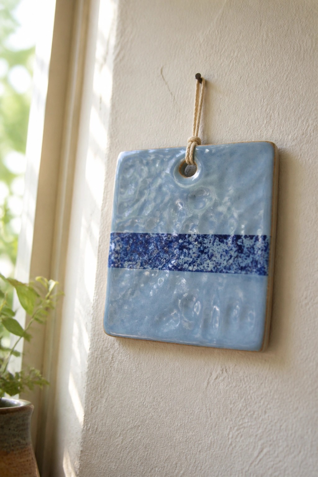 Blue textured ceramic tile with dark speckled band hanging on wall by string