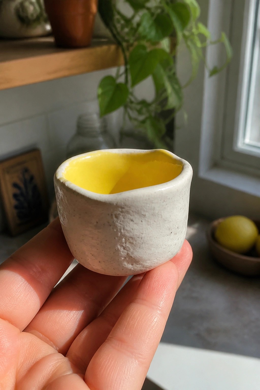 A small handmade ceramic cup with a speckled white exterior and bright yellow glazed interior held in a hand.