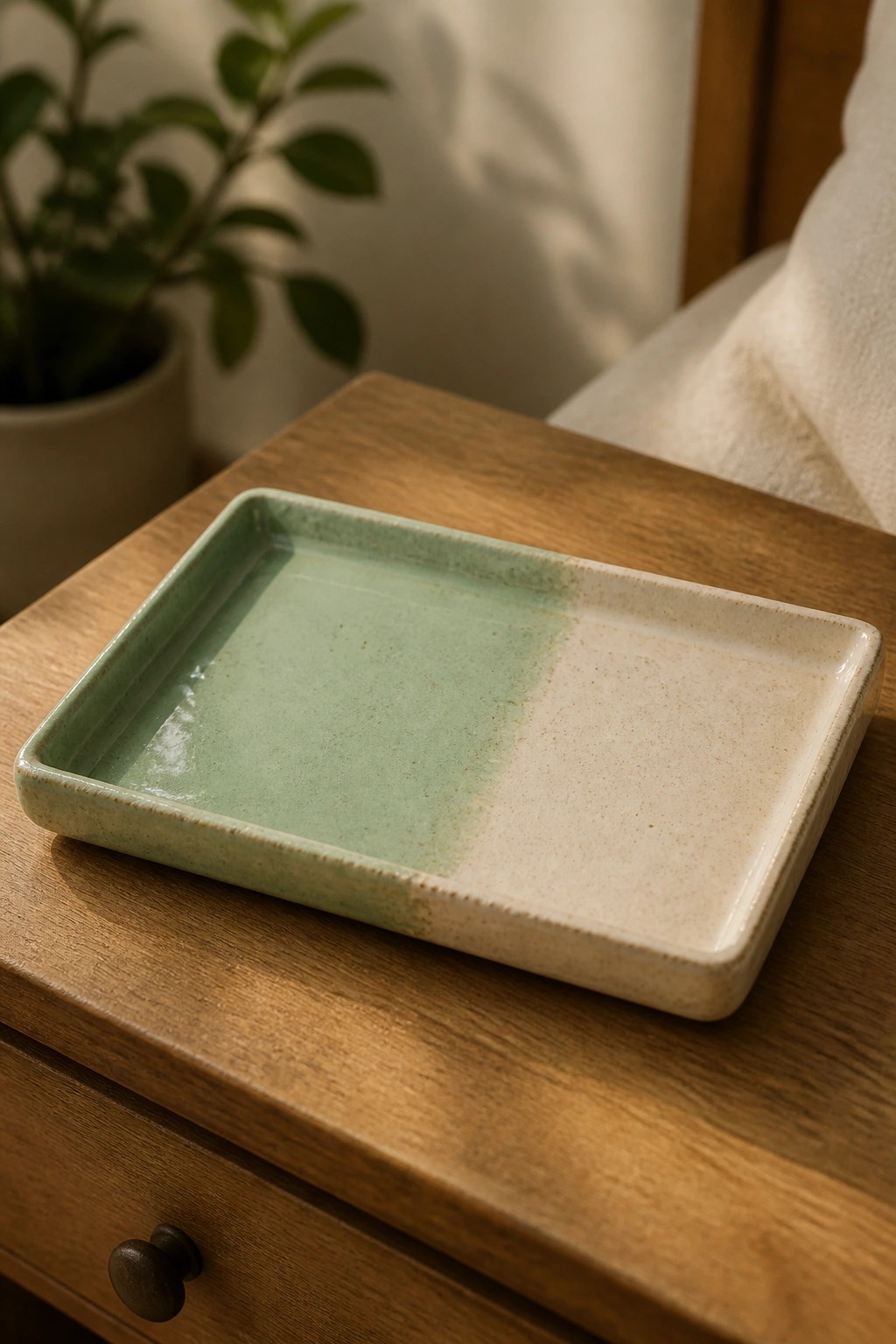 Two-toned green and beige ceramic tray on wooden bedside table.