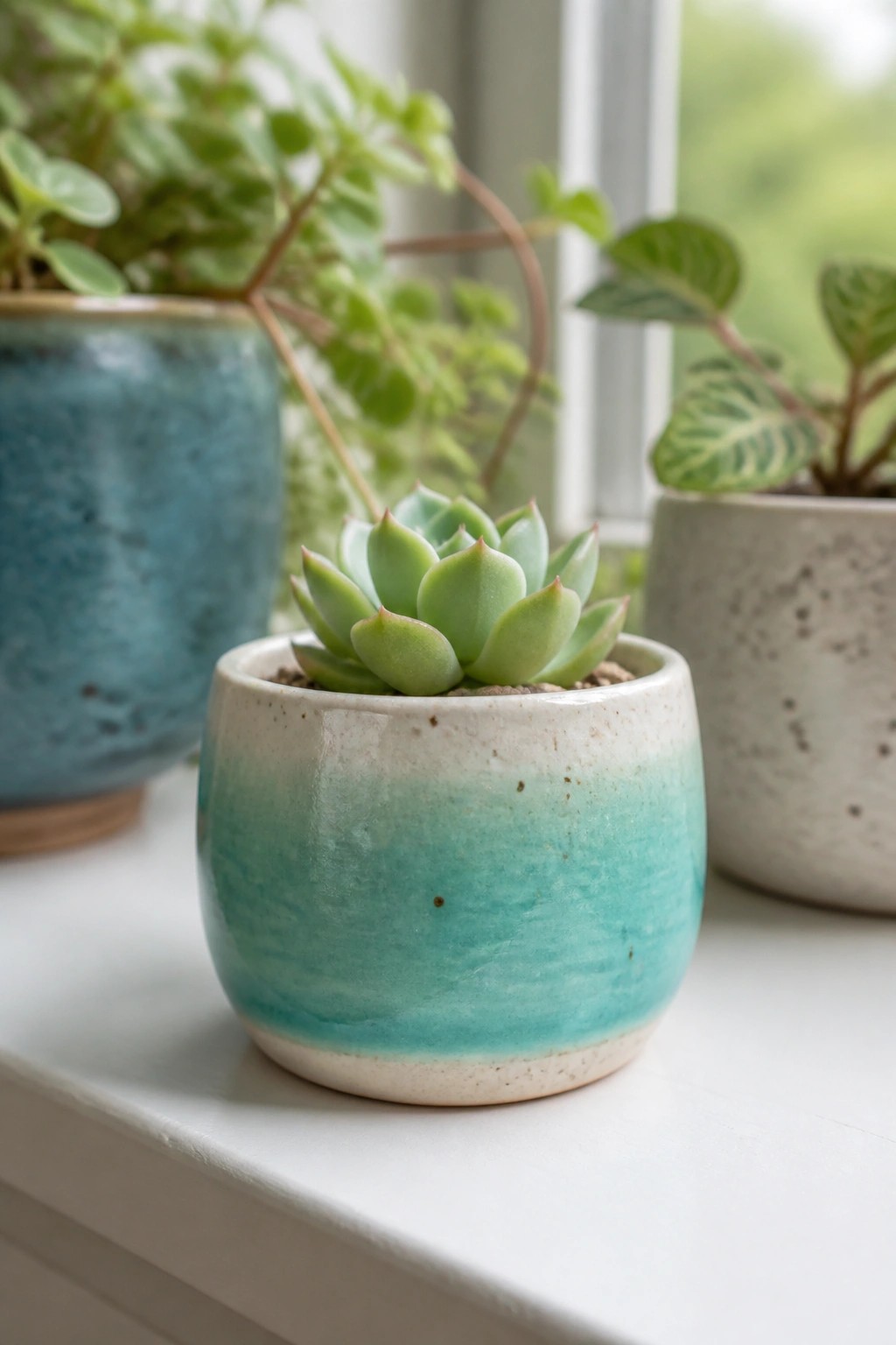 Small succulent in turquoise ceramic pot on white windowsill with plants