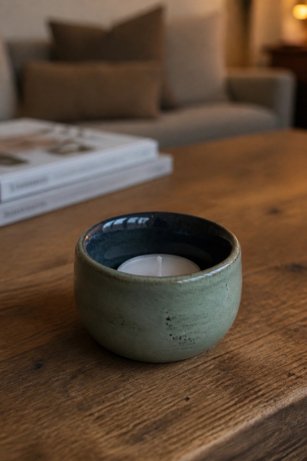 Sage green ceramic bowl with white tealight candle on wooden table