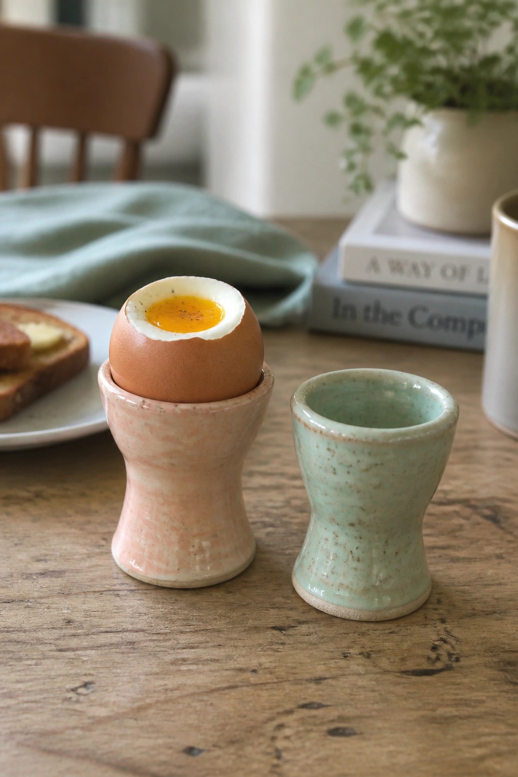Two speckled ceramic egg cups sit on a wooden table, one holding a soft-boiled egg and the other empty.