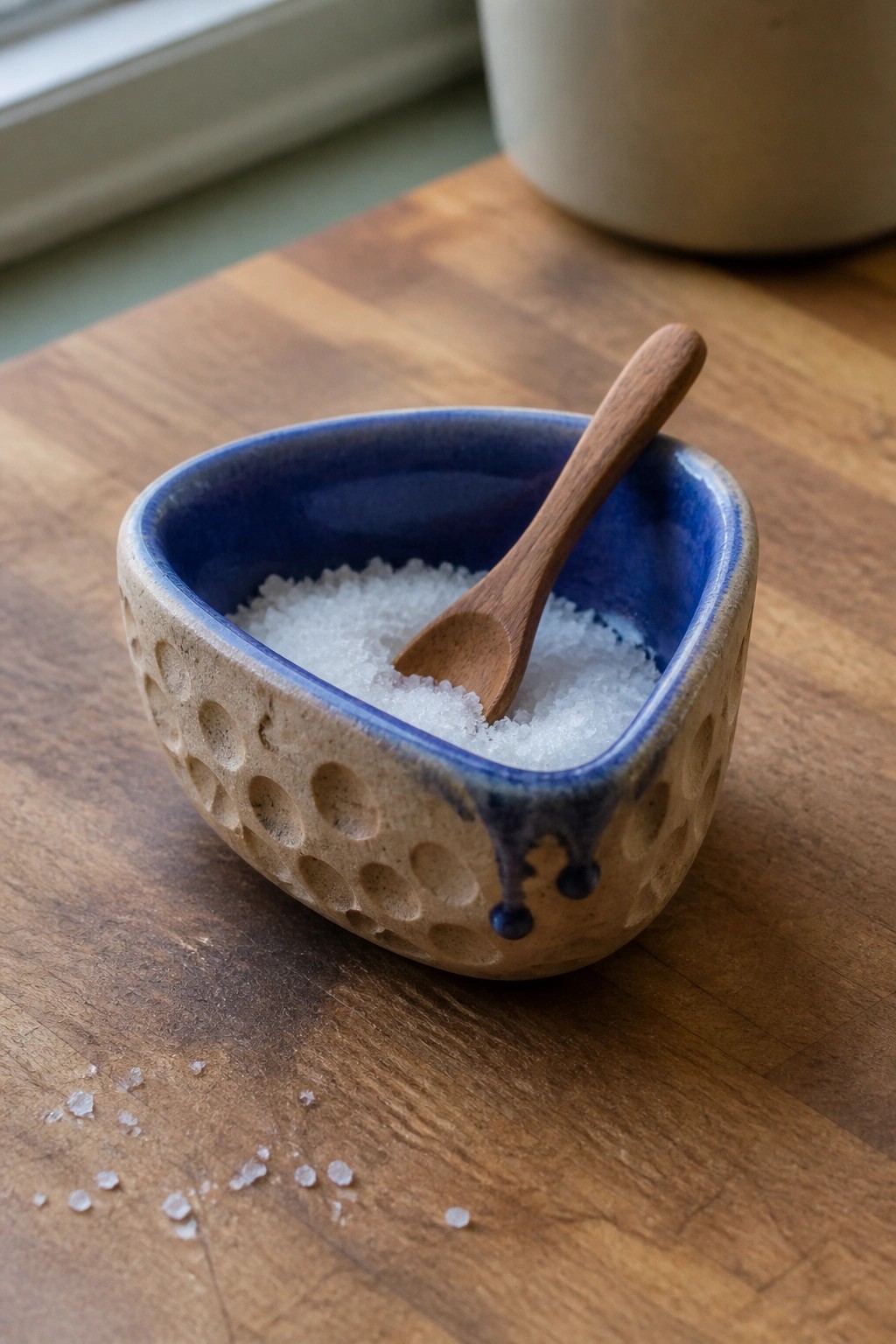 Textured ceramic bowl with blue glaze, salt, and wooden spoon on cutting board