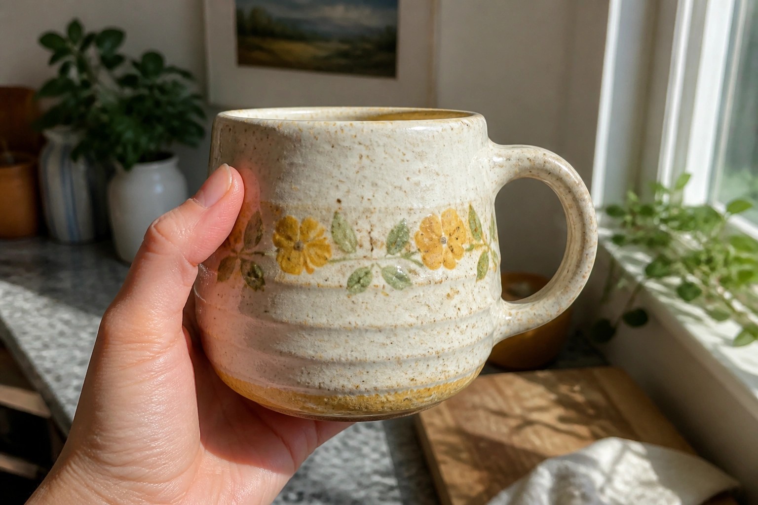 Hand in beige sweater holding speckled ceramic mug with orange fruit design
