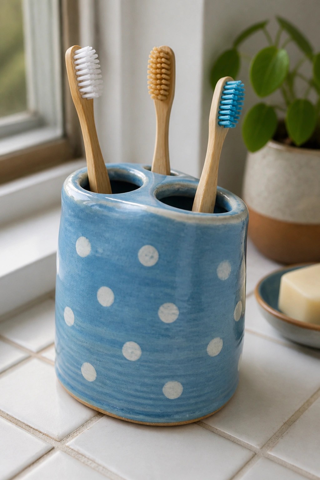 Blue polka-dotted ceramic holder holding three bamboo toothbrushes on windowsill.