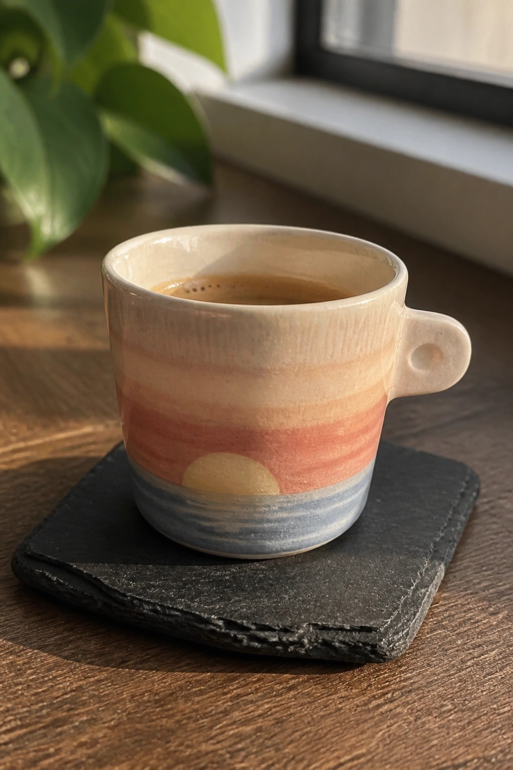 Colorful striped ceramic cup with coffee on black slate coaster atop wooden table.