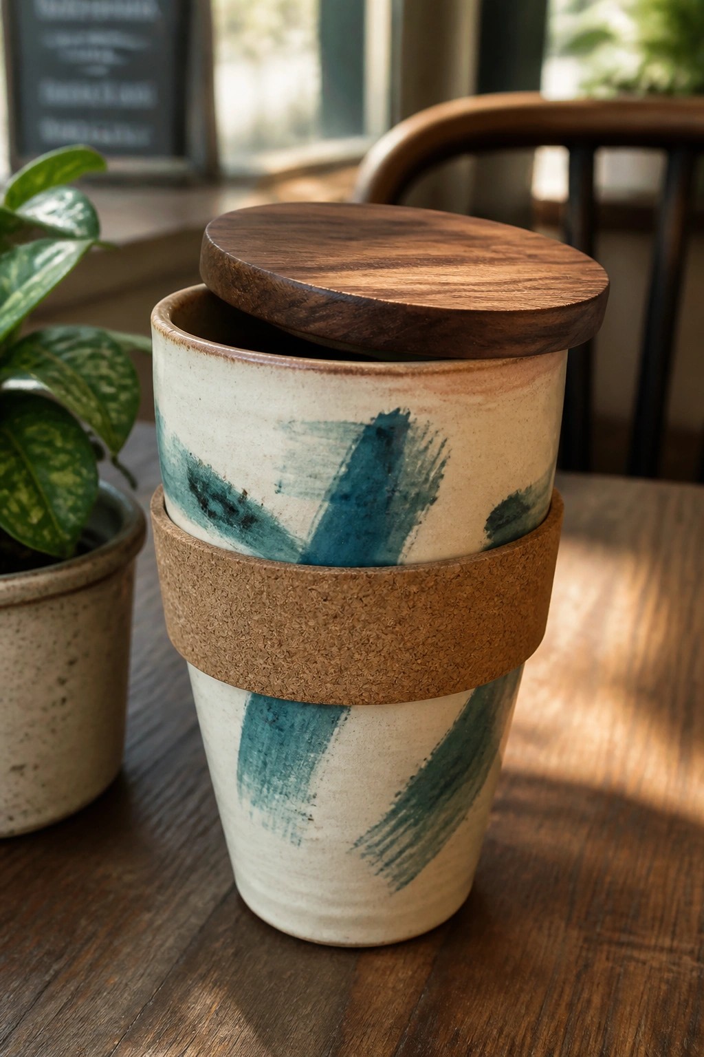Ceramic cup with teal brushstrokes, cork sleeve, and wooden lid on table