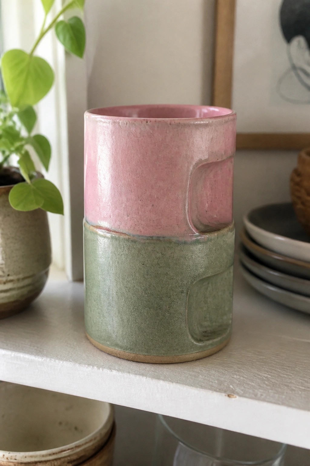 Two-toned pink and green ceramic mug with handle on white shelf