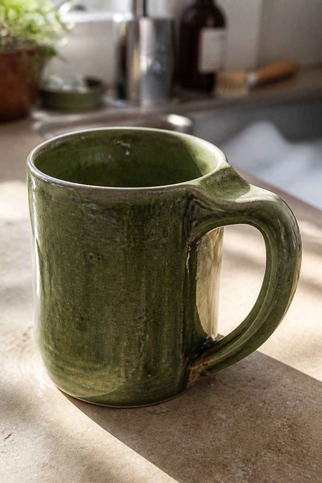 Green ceramic mug with handle on sunlit kitchen countertop.